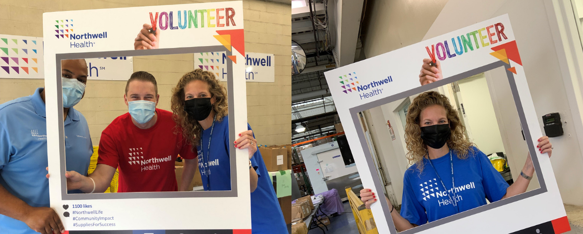 Northwell staff members posing holding a faux, cardboard, social media post frame