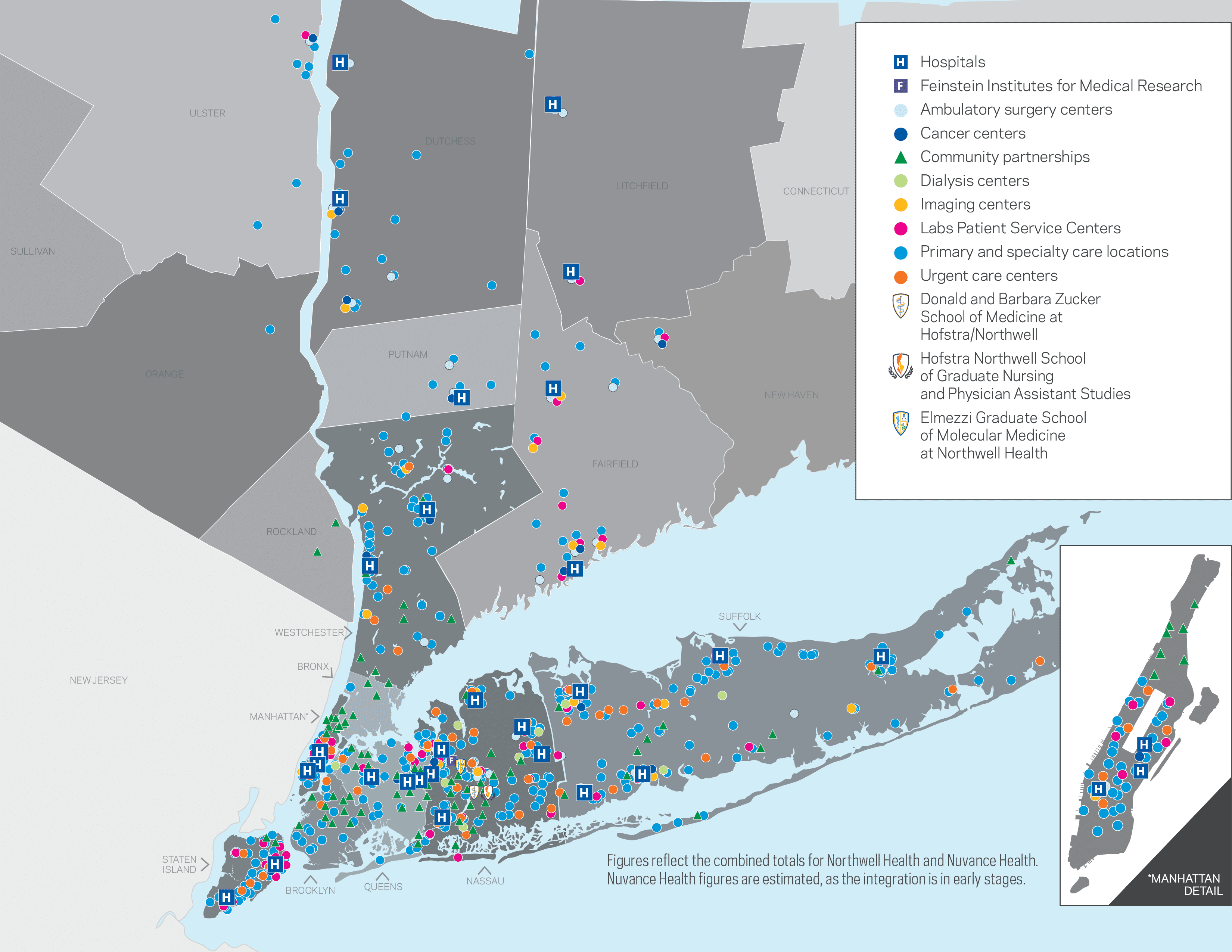 Northwell Health map showing facility locations across New York. Navigate to the location listings tab to hear a list of all locations on this map.